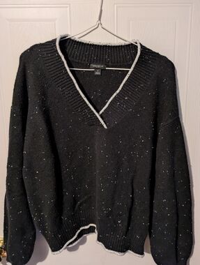 Ann Taylor Factory Black V-Neck Sweater with White Trim